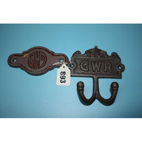 893 - Iron GWR coat hook & sign 4 3/4