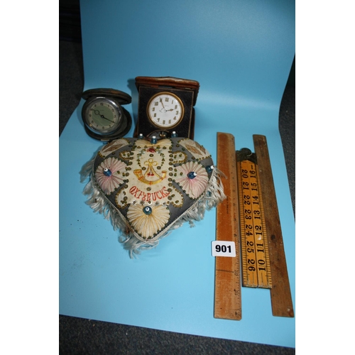 901 - 2 folding cased clocks, Sweetheart cushion & 3 rulers