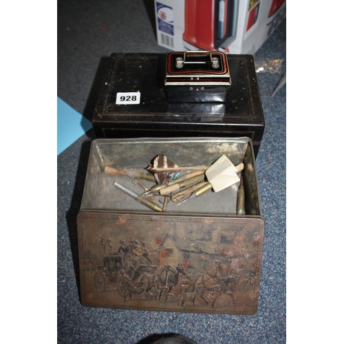 928 - Inlaid box, biscuit tin etc