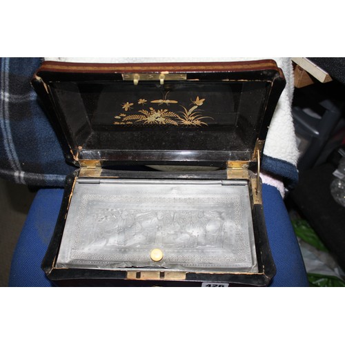 426 - Lacquered Oriental box with inset pewter cash box 11