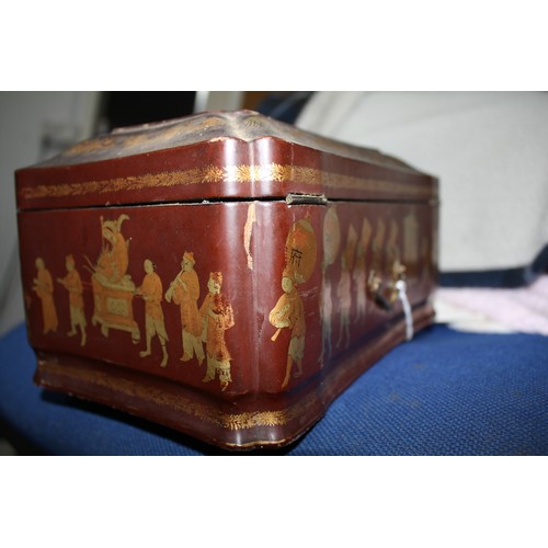 426 - Lacquered Oriental box with inset pewter cash box 11