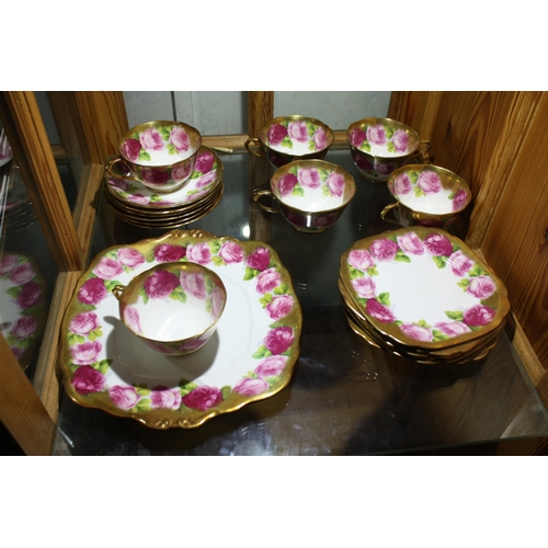 844 - Royal Albert Cabbage Rose teaset with black backstamp for 1927-1935 6 place setting & cake plate.