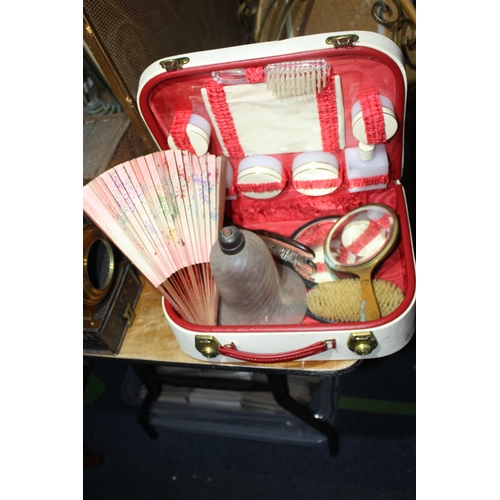 1381 - Cased manicure set, fan, lamp shade etc