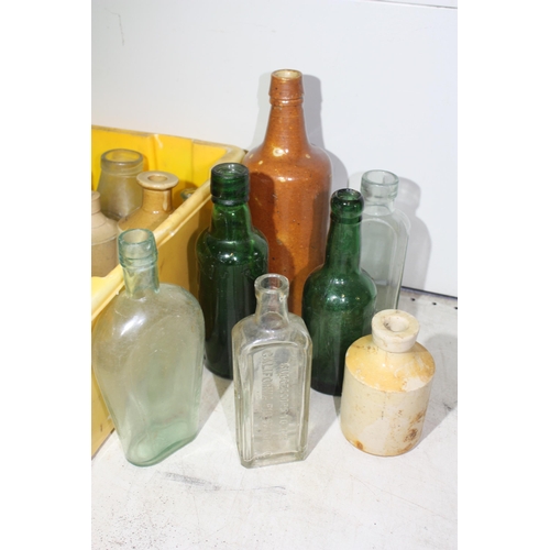 1445 - Box vintage glass bottles etc no inscription on tall stoneware bottle