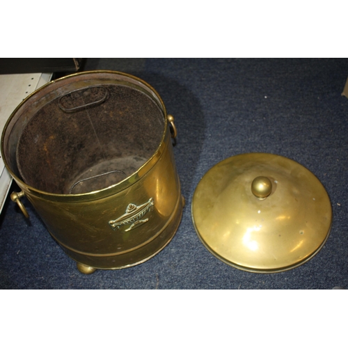 1446 - Brass 2 handled coal bucket with liner & lid 16