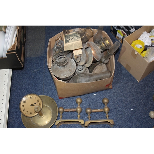 1447 - Brass fire dogs, copper oil lamp etc