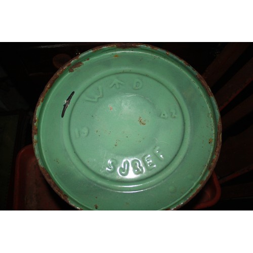 1464 - World War II green enamel bin with Broad Arrow WD 1942 on base 13