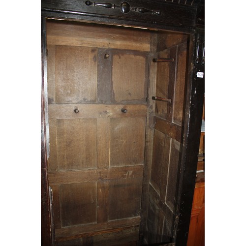 1470 - Antique oak clipped & pegged cupboard with 2 drawers with key