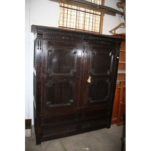 1470 - Antique oak clipped & pegged cupboard with 2 drawers with key