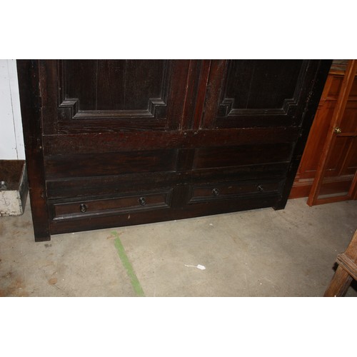 1470 - Antique oak clipped & pegged cupboard with 2 drawers with key