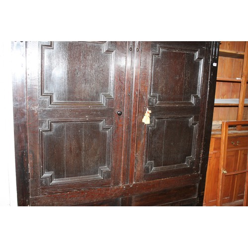 1470 - Antique oak clipped & pegged cupboard with 2 drawers with key