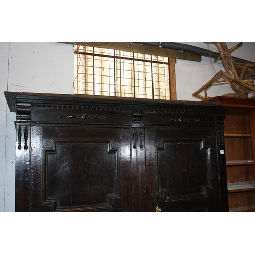 1470 - Antique oak clipped & pegged cupboard with 2 drawers with key