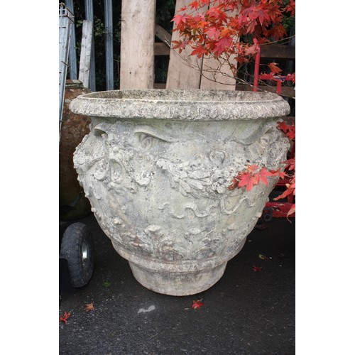 1 - Extremely large weathered concrete relief decorated garden pot 30
