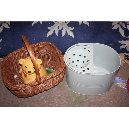 216 - Mop bucket, basket & teddy bear