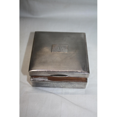 1238 - Silver engine turned cigarette box with inscription 3 1/4