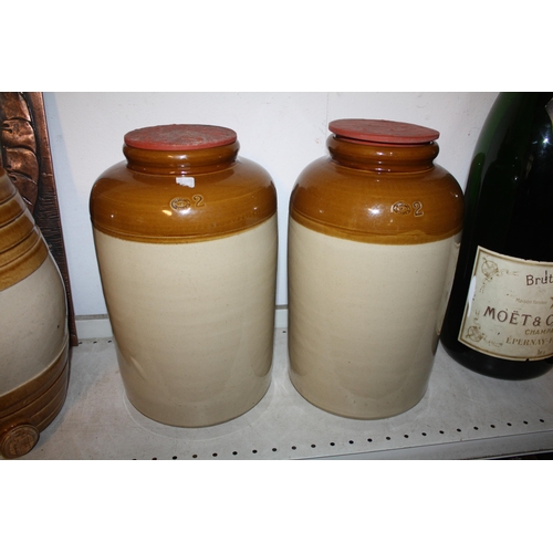 1504 - Pair Pearsons Chesterfield stoneware jars with lids & rubber bungs 14