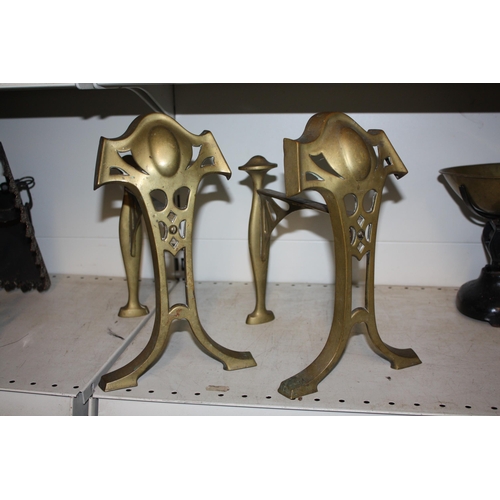 1516 - Pair Art Nouveau brass fire dogs 11 1/2