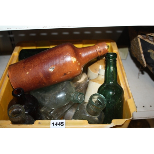 1528 - Box vintage glass bottles etc no inscription on tall stoneware bottle