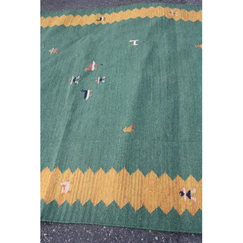 1901 - Indian green ground woolen Durrie 3 metre 10 x 2 metre 10