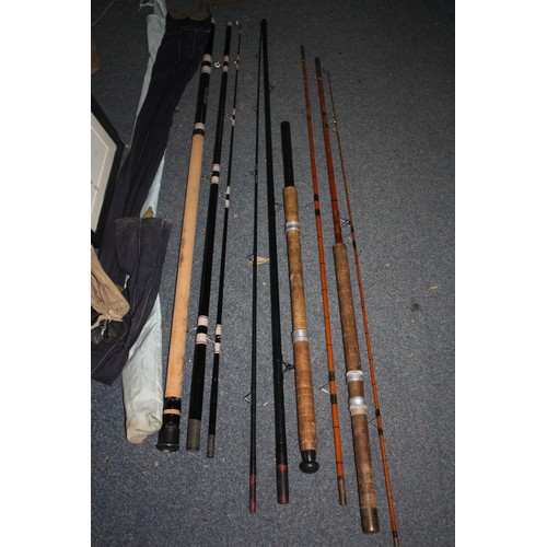 1445 - 3 canvas cased fishing rods, telescopic fishing rod & gaff, floats, hooks etc