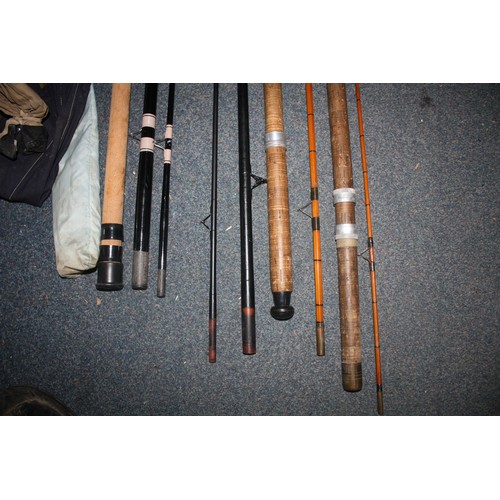 1445 - 3 canvas cased fishing rods, telescopic fishing rod & gaff, floats, hooks etc