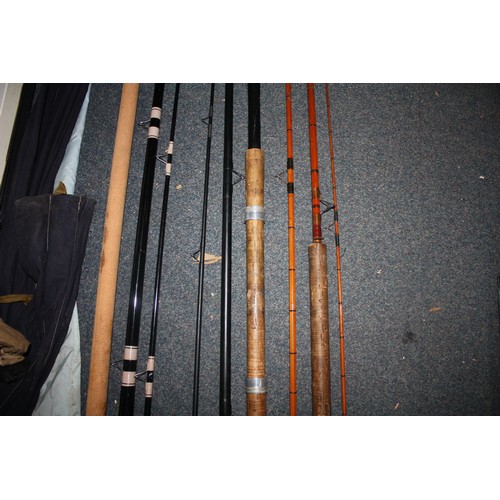 1445 - 3 canvas cased fishing rods, telescopic fishing rod & gaff, floats, hooks etc