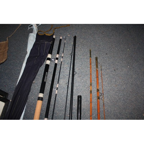 1445 - 3 canvas cased fishing rods, telescopic fishing rod & gaff, floats, hooks etc