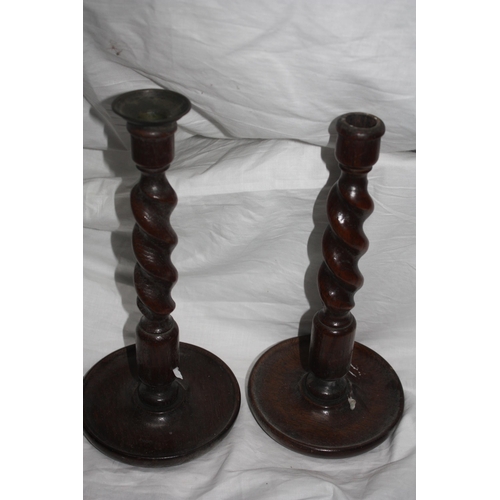 1082 - Pair oak barleytwist candlesticks 12 1/2