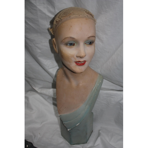 1084 - Vintage painted plaster wig mannequin stand with glass eyes 24