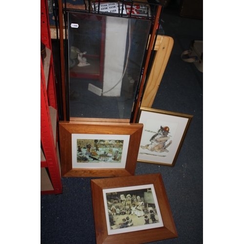 1111 - 3 framed Louis Wain prints & mirror 35