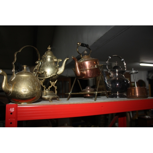 1112 - Brass & copper spirit kettles, plated teapot etc