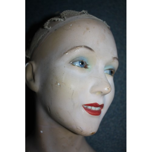 1084 - Vintage painted plaster wig mannequin stand with glass eyes 24