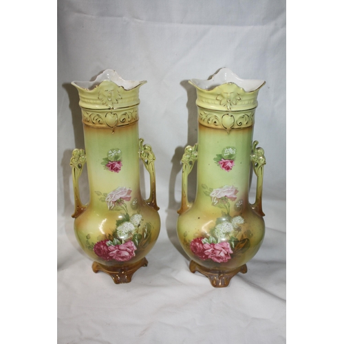 522 - Pair floral 2 handled vases 11 1/2