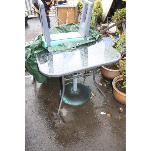 175 - Garden table with cover, parasol base & kneeler