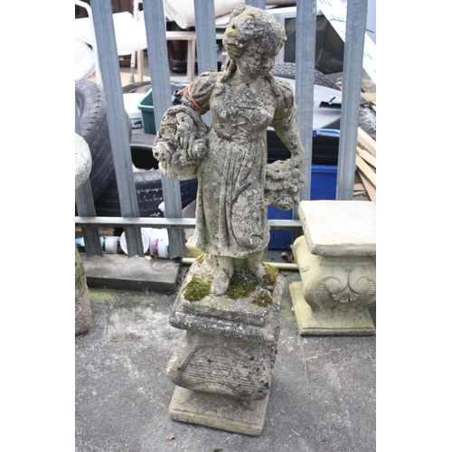 129 - Weathered concrete girl with flowers on plinth 45