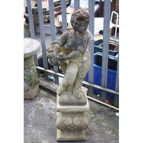 130 - Weathered concrete boy with basket on plinth 45