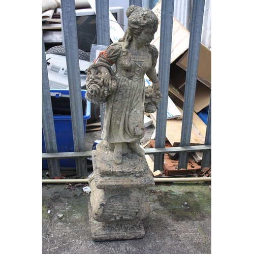 131 - Weathered concrete girl with basket on plinth 45