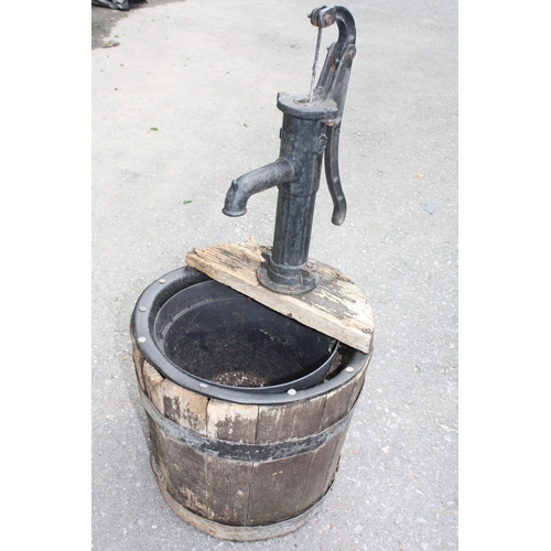 93 - Small barrel with cast iron pump 27 1/2