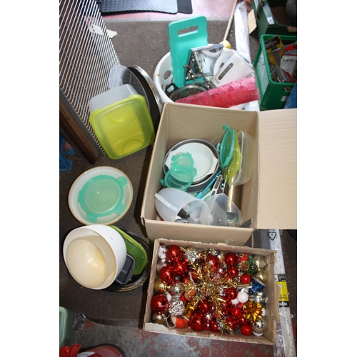 311 - Quantity assorted Christmas decorations, box kitchenalia & linen basket kettle etc