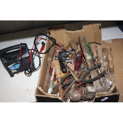 313 - Battery charger, chisels, tools etc