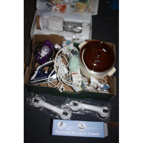 368 - Slow cooker, iron, light bulbs, new suction bars etc