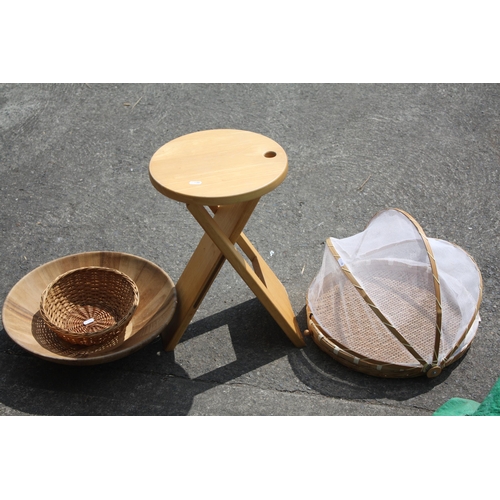 395 - Folding stool, wood bowl, cake cover etc