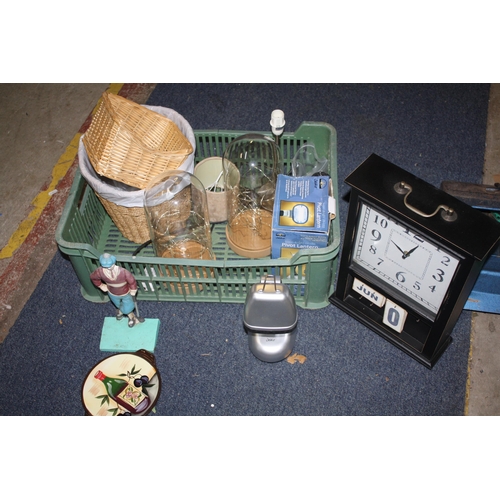 455 - Green crate Golfer doorstop, date & time clock, glass globes etc