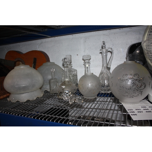 490 - Assorted glass decanters & lampshades