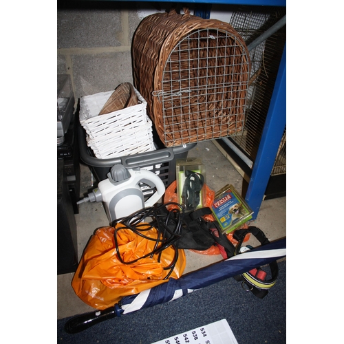 532 - Cat cage, wicker baskets, steamer, dog equipment, umbrella, stool etc