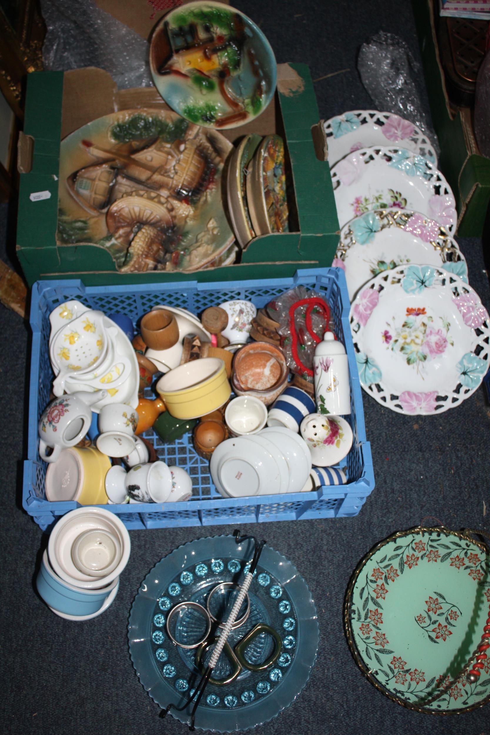 Box ribbon & plaster plaques & carton egg cups etc