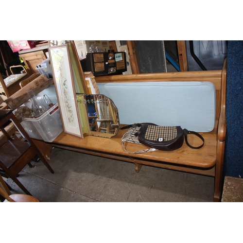 1728 - Pitch pine pew with cushion with attached umbrella stand & drip tray 33