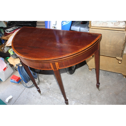 1733 - Inlaid mahogany foldover card table with green baize 29 1/2