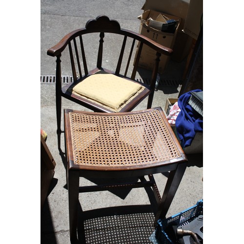 1810 - Inlaid corner chair & wicker topped stool