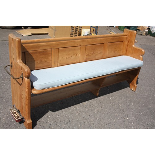 1728 - Pitch pine pew with cushion with attached umbrella stand & drip tray 33